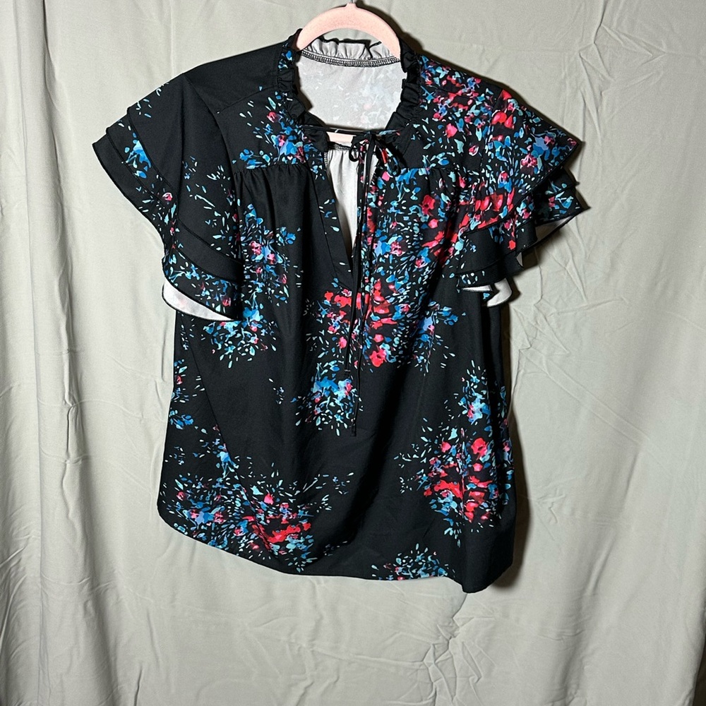 SHEIN Black Floral Ruffle Sleeve Blouse 3xl